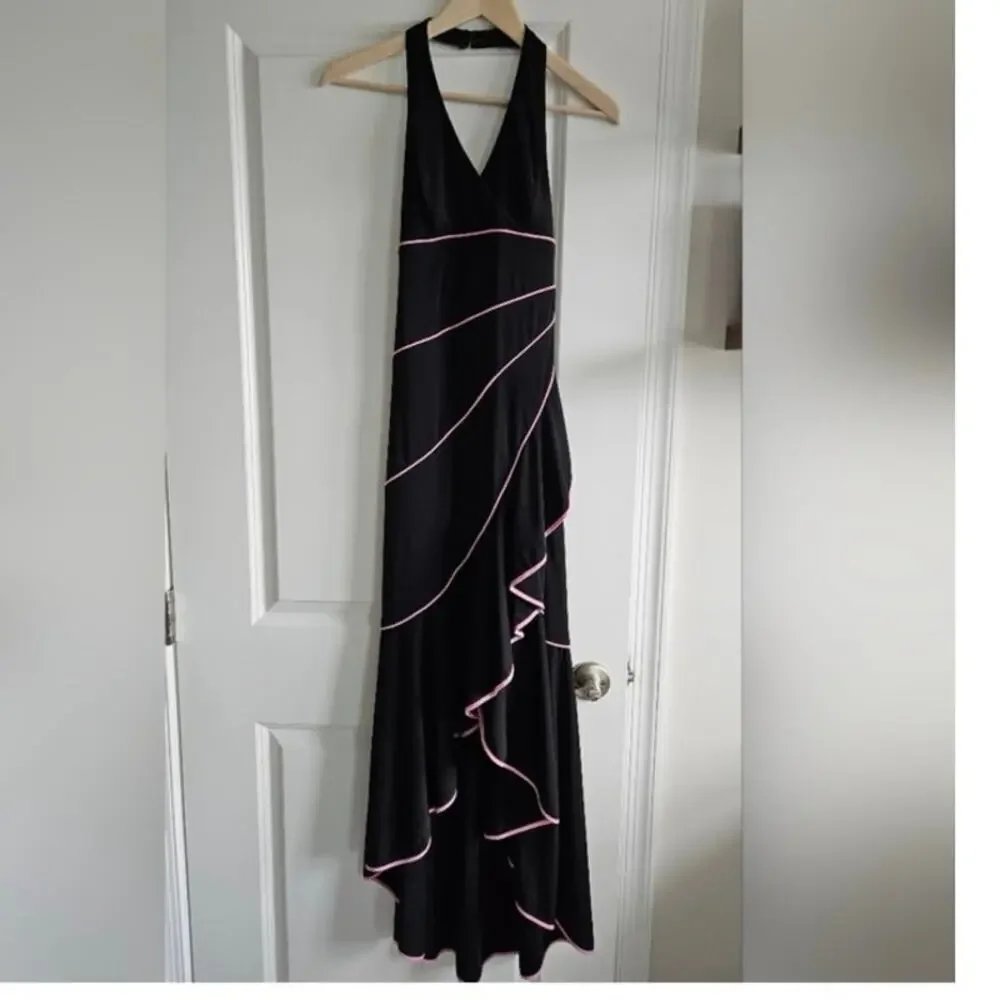 Vintage 90s Womens Black Halter Dress Ruffles Pink Trim